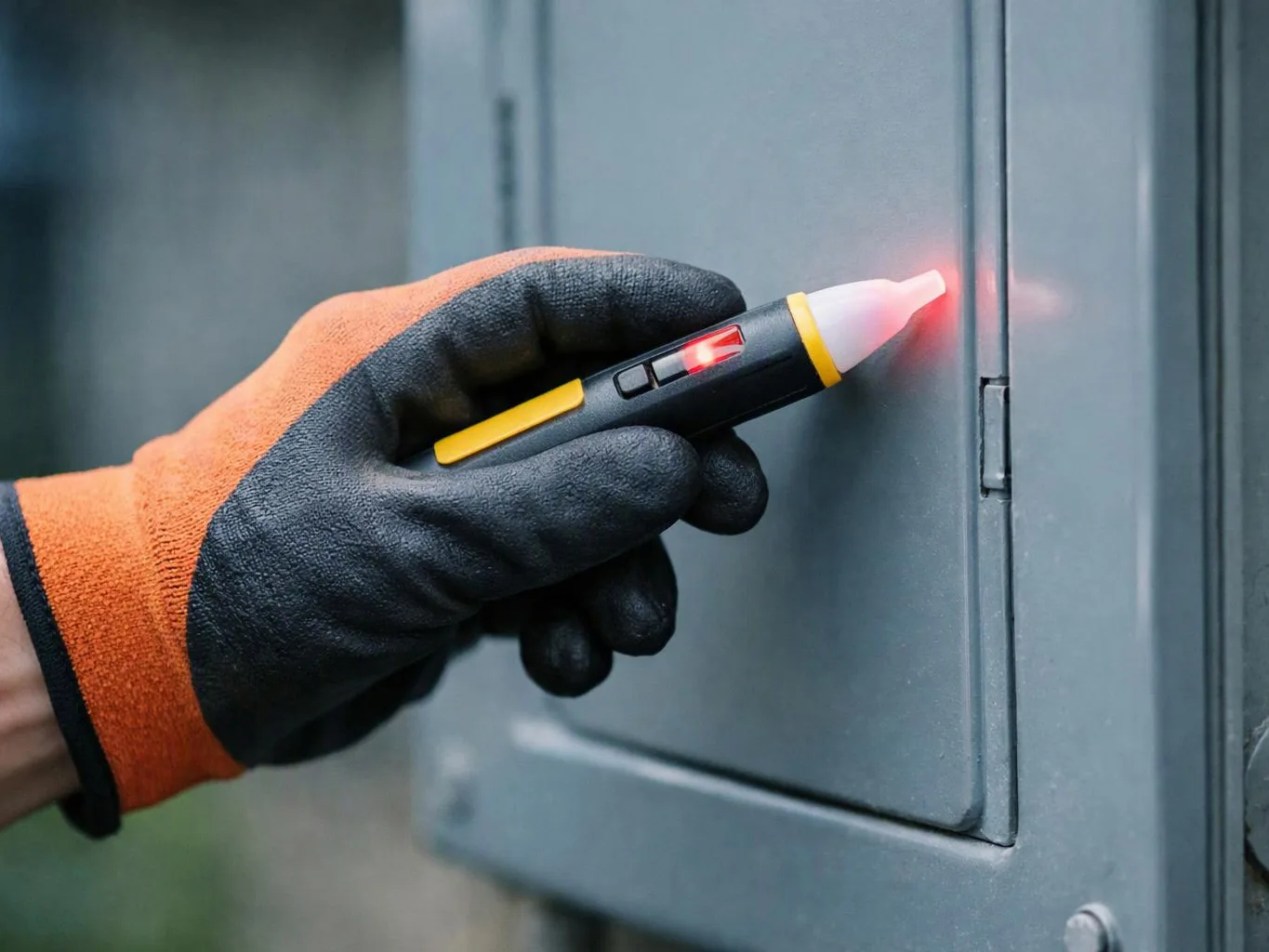 A gloved hand uses a glowing inspection pen to check a metal panel door