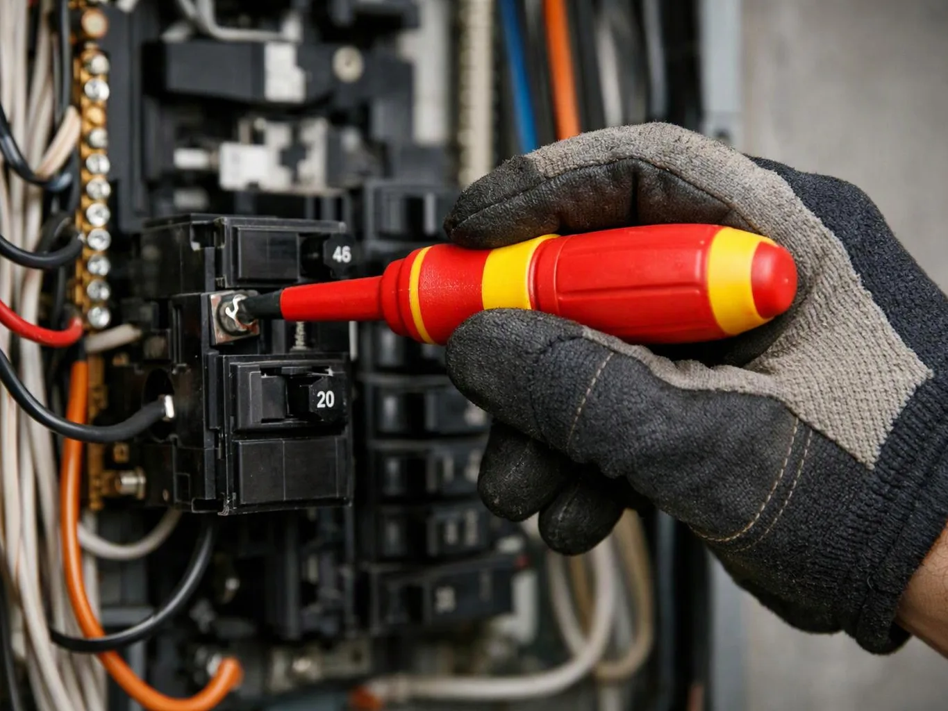 A gloved hand uses a red screwdriver to tighten a breaker inside an electrical panel