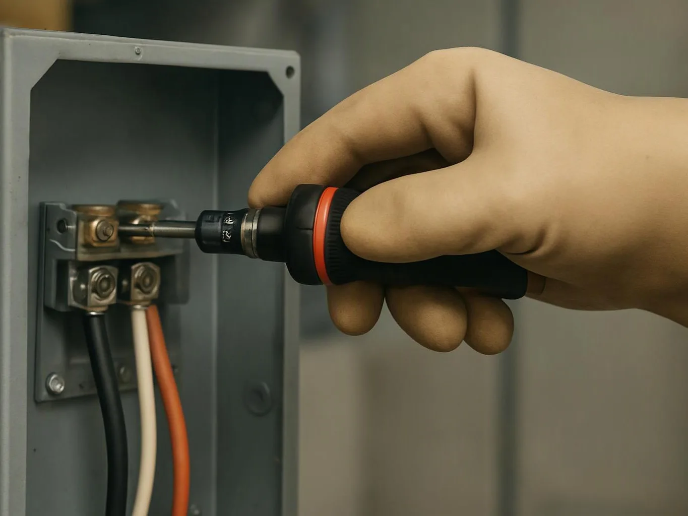 A gloved hand uses a screwdriver to tighten a terminal inside a gray electrical panel
