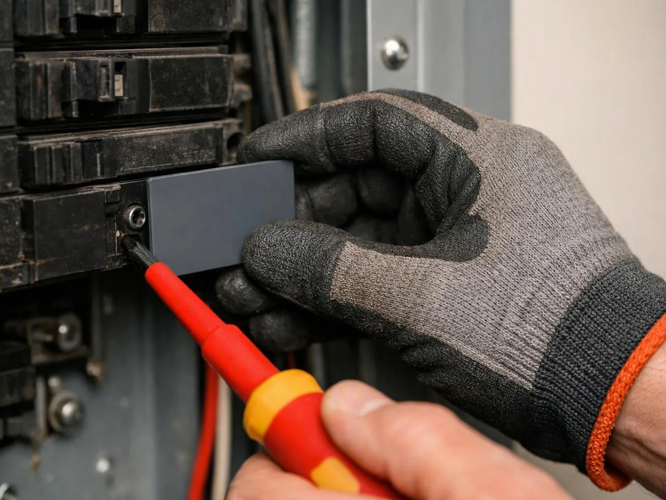 Gloved hands test a circuit breaker with a red screwdriver inside an electrical panel