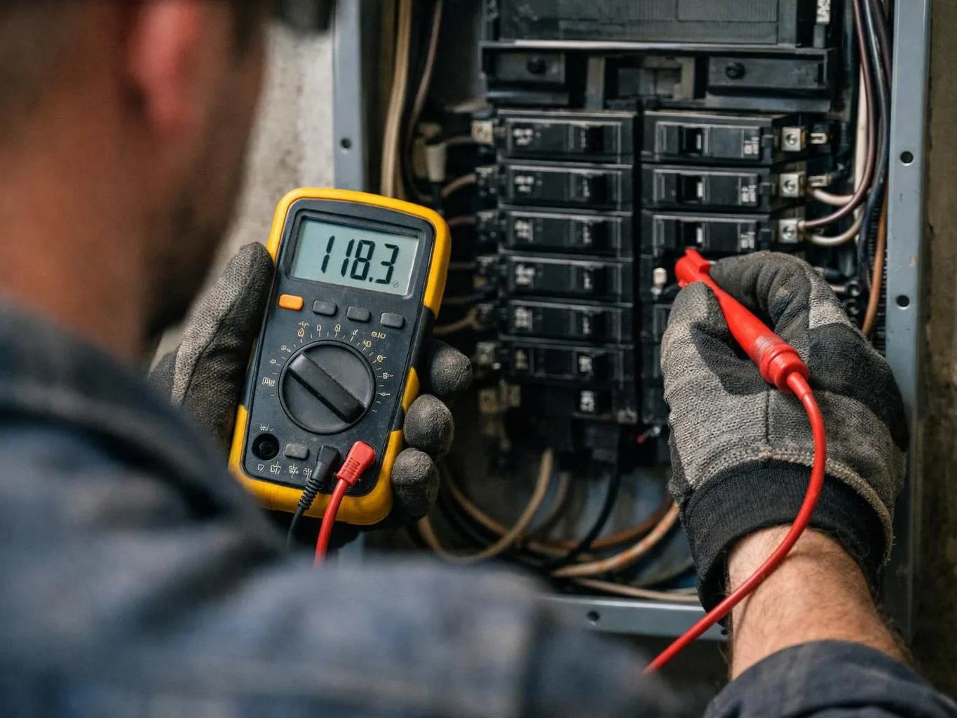A gloved technician tests a breaker panel with a digital multimeter showing 118.3 volts