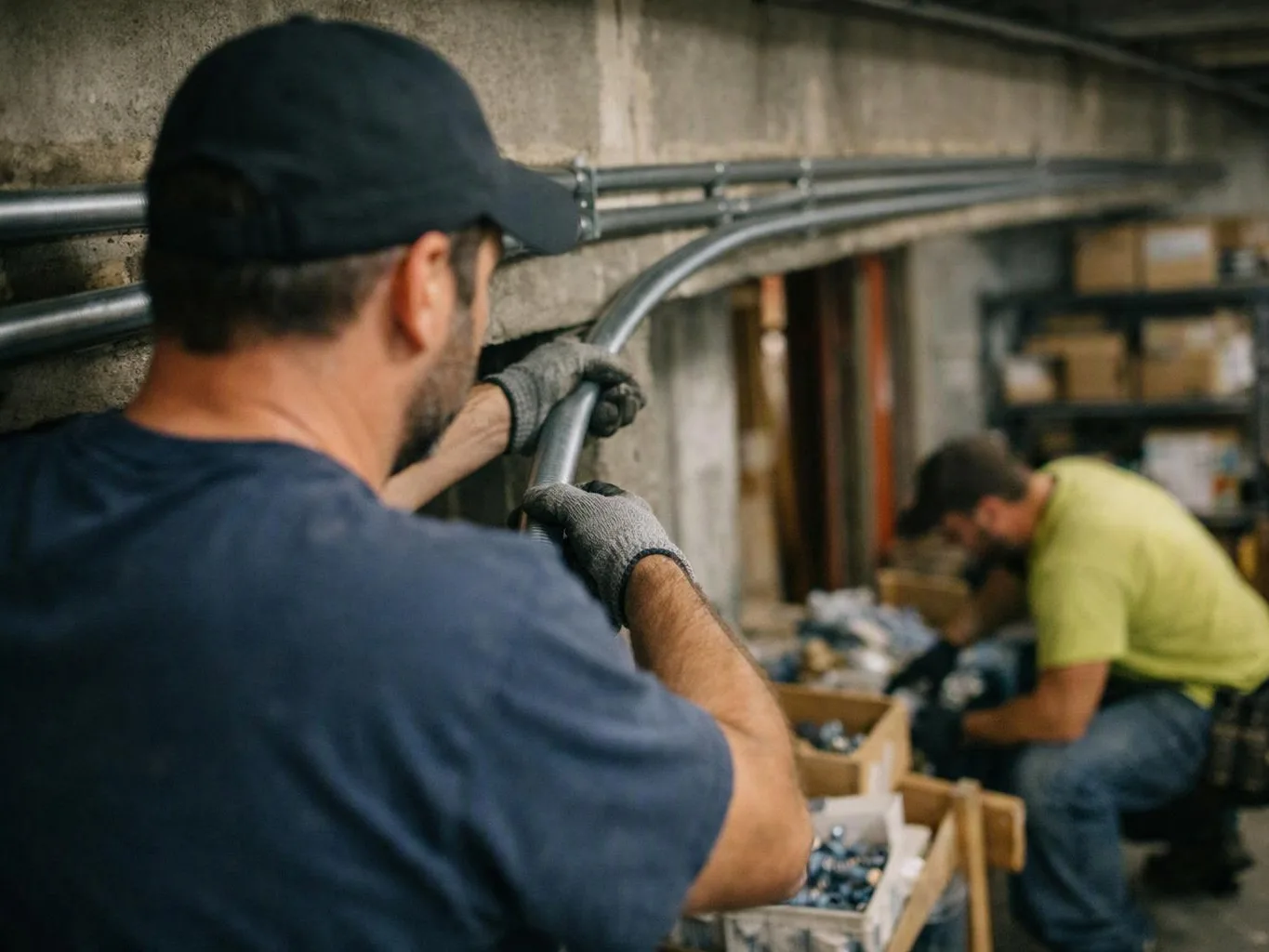 A gloved worker bends a metal conduit while another man sorts parts in a workshop