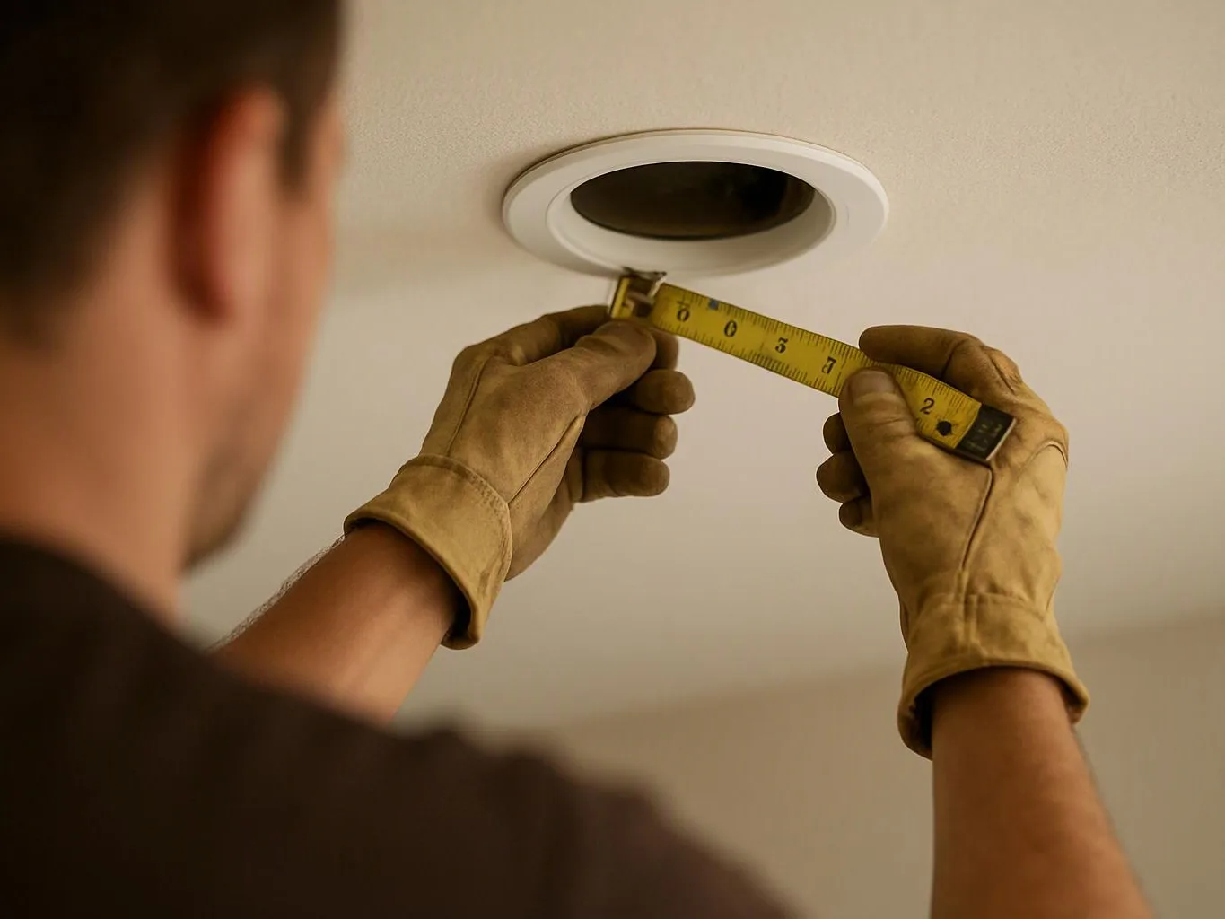 A gloved worker measures a ceiling opening with a yellow tape measure near a recessed light
