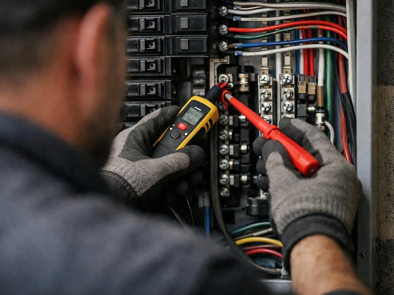 Gloved worker tests wires inside an electrical panel with a multimeter and probe
