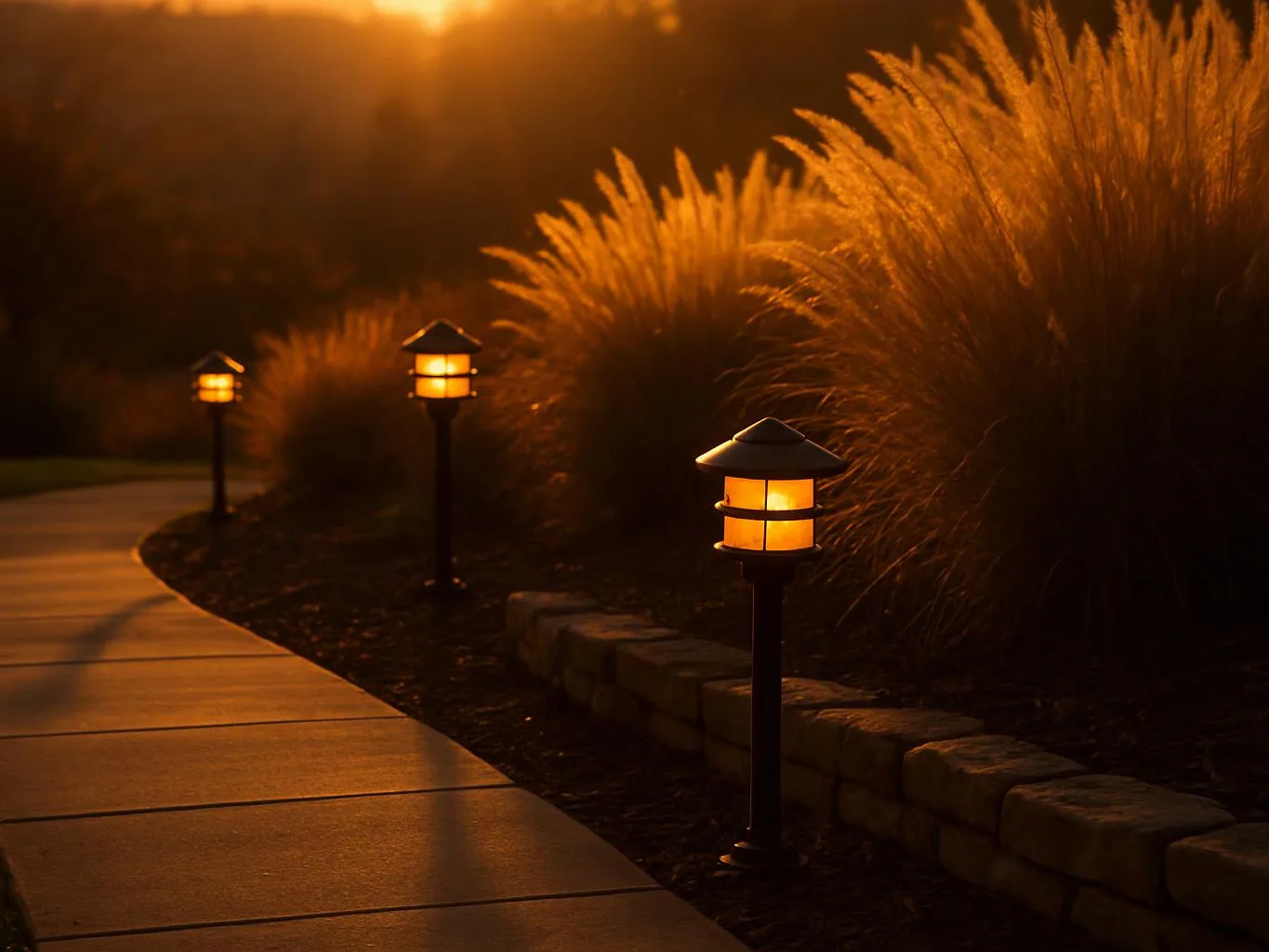 Glowing pathway lights line a curving sidewalk beside tall ornamental grasses at sunset