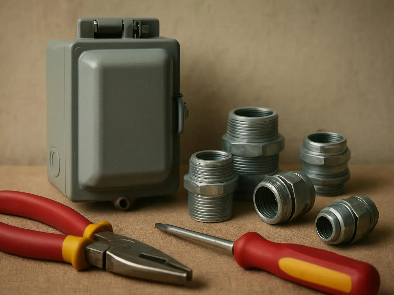 A gray electrical box sits beside metal fittings, with red-handled pliers and a screwdriver on a work surface