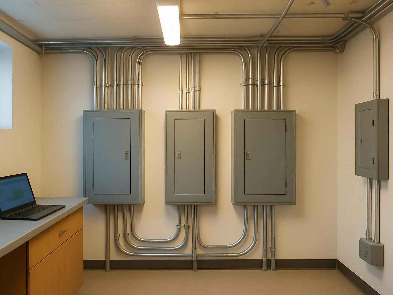 Gray electrical panels and metal conduit line a utility room beside a counter with an open laptop