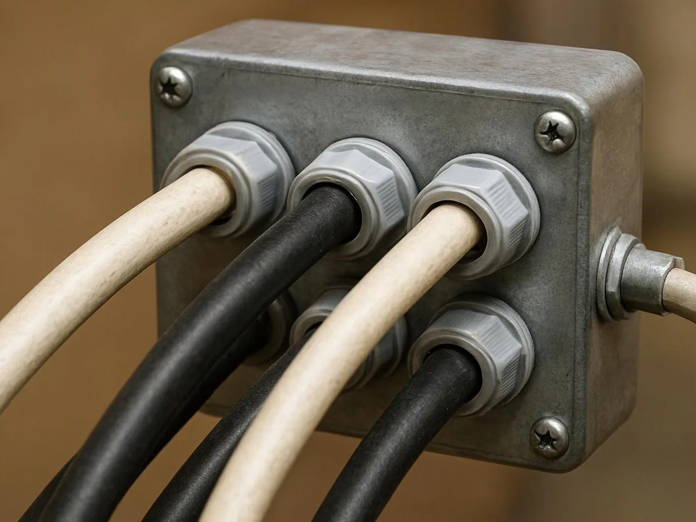 A gray metal junction box holds several thick cables through round connectors on a plain background