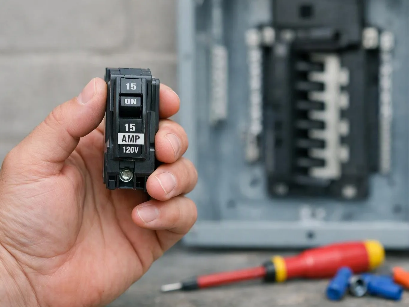 A hand holds a 15 amp circuit breaker in front of an open electrical panel with tools nearby