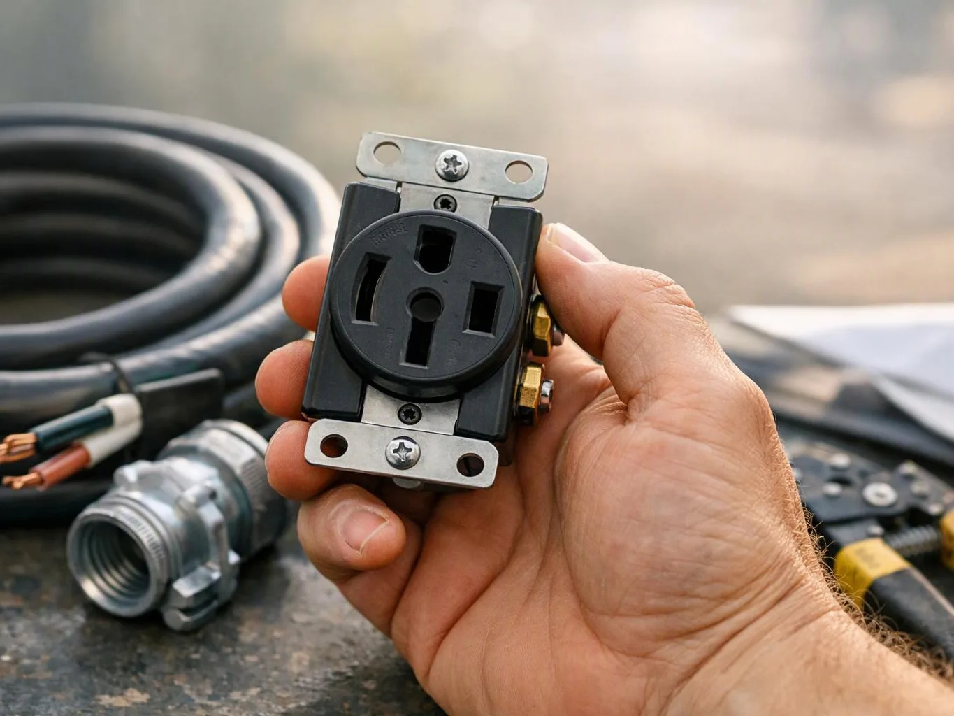 A hand holds a black electrical outlet with metal mounting brackets, cables and tools lie on a work surface