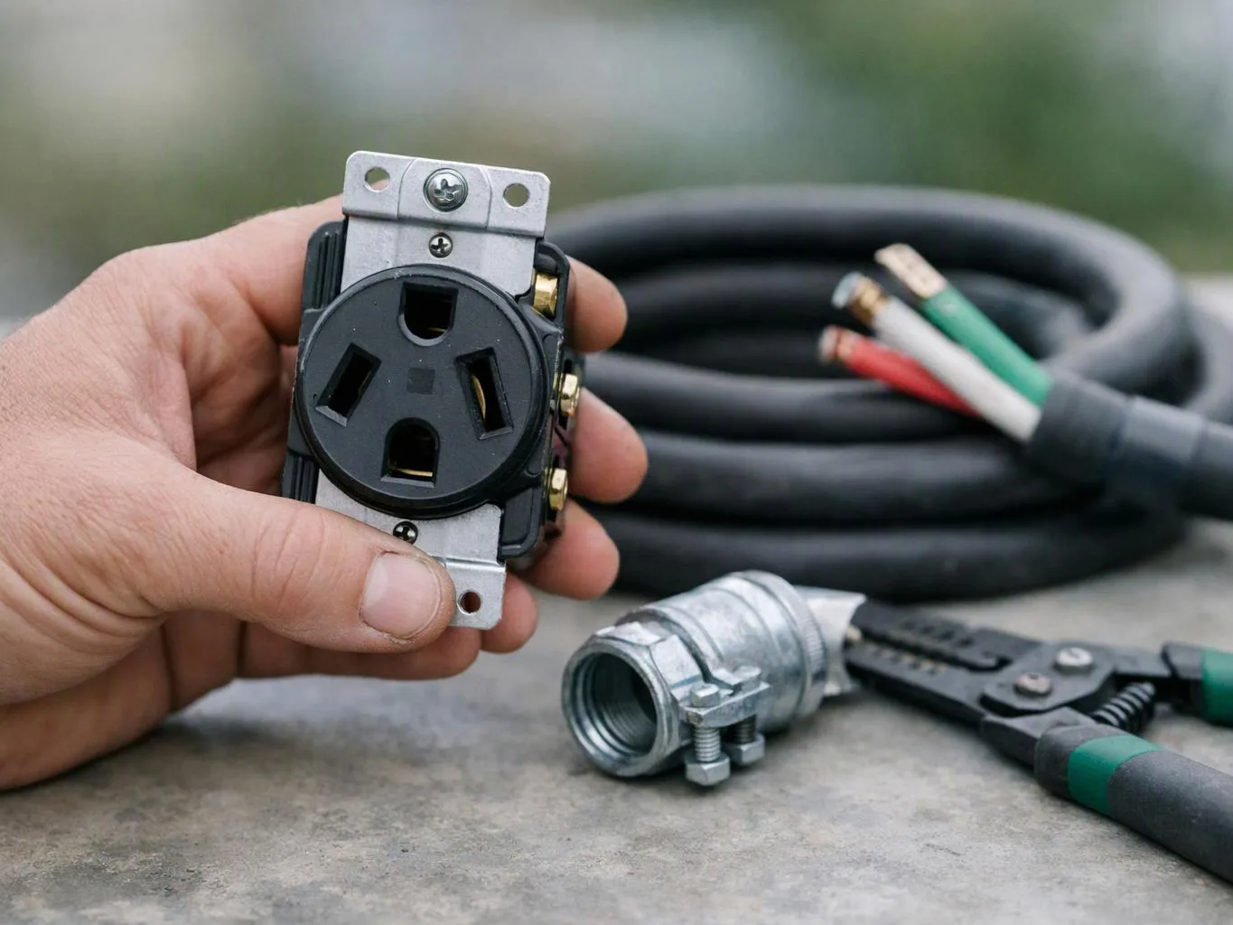 A hand holds a black electrical outlet next to a thick wire, metal connector, and crimping tool on concrete