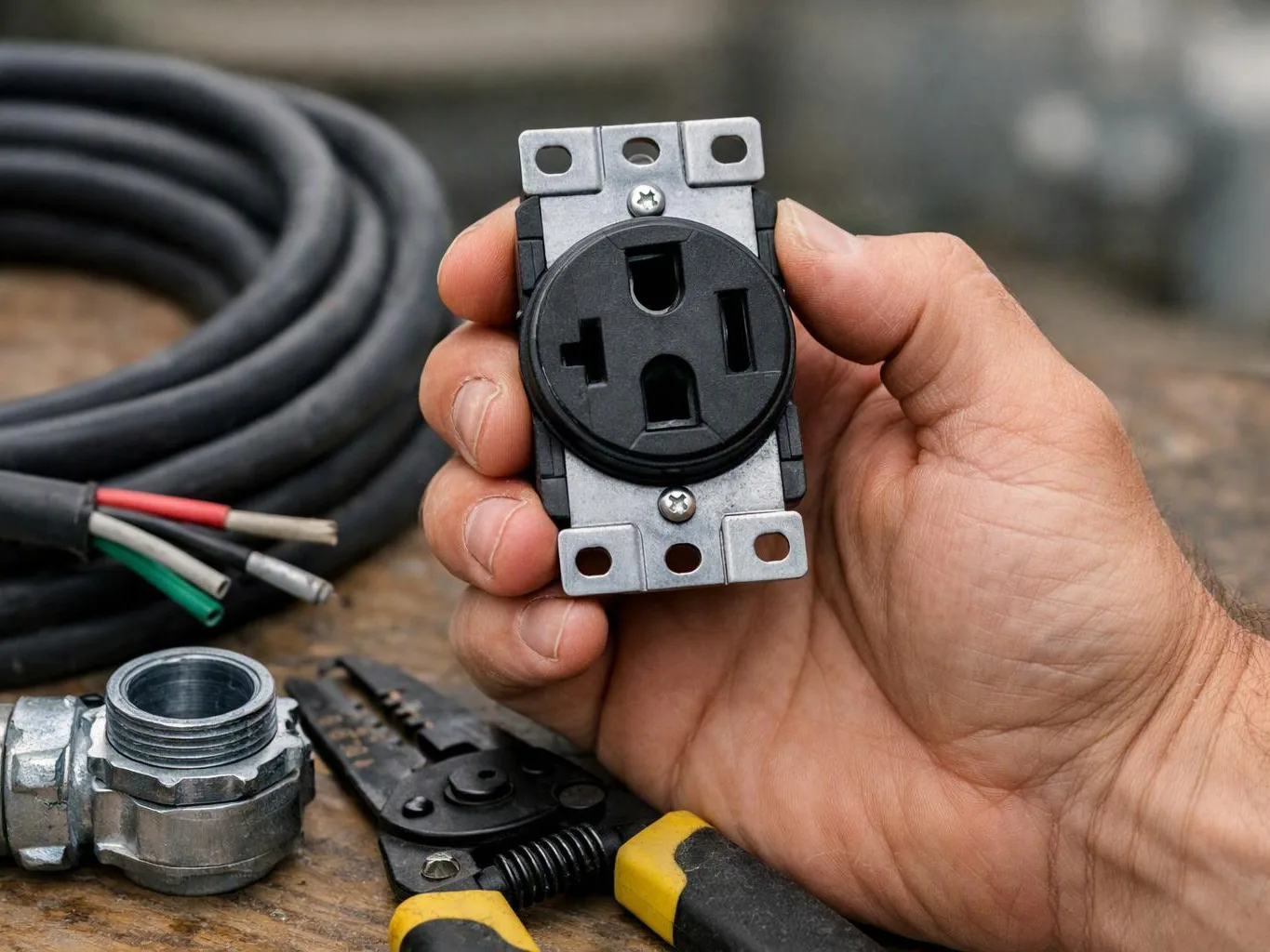 A hand holds a black electrical outlet, with wires, conduit fittings, and pliers on a wooden workbench