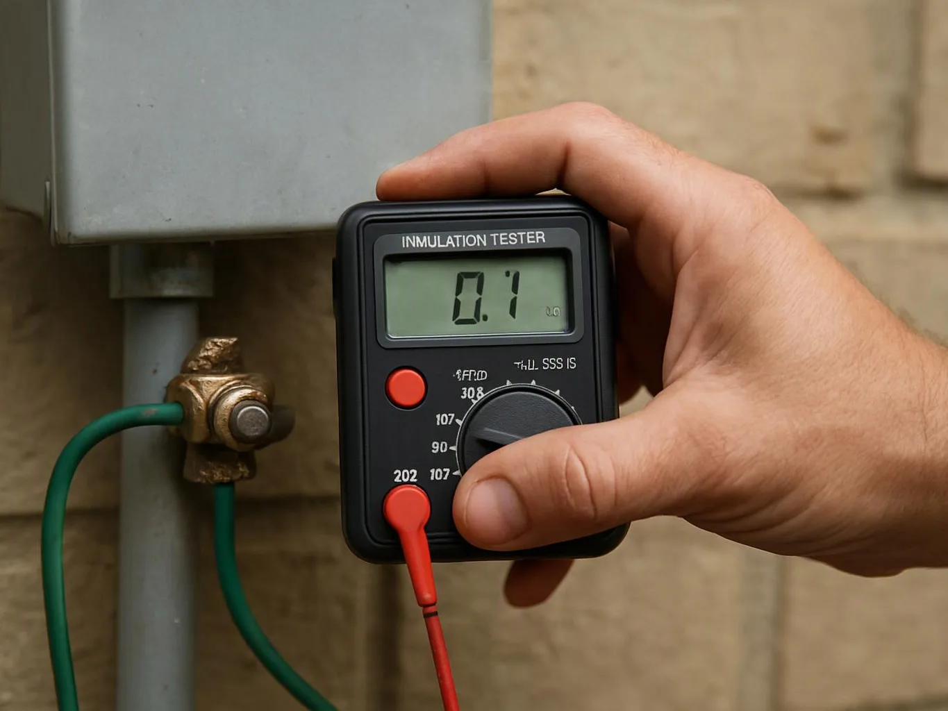 A hand holds a digital insulation tester beside a grounded metal conduit and green wire outdoors