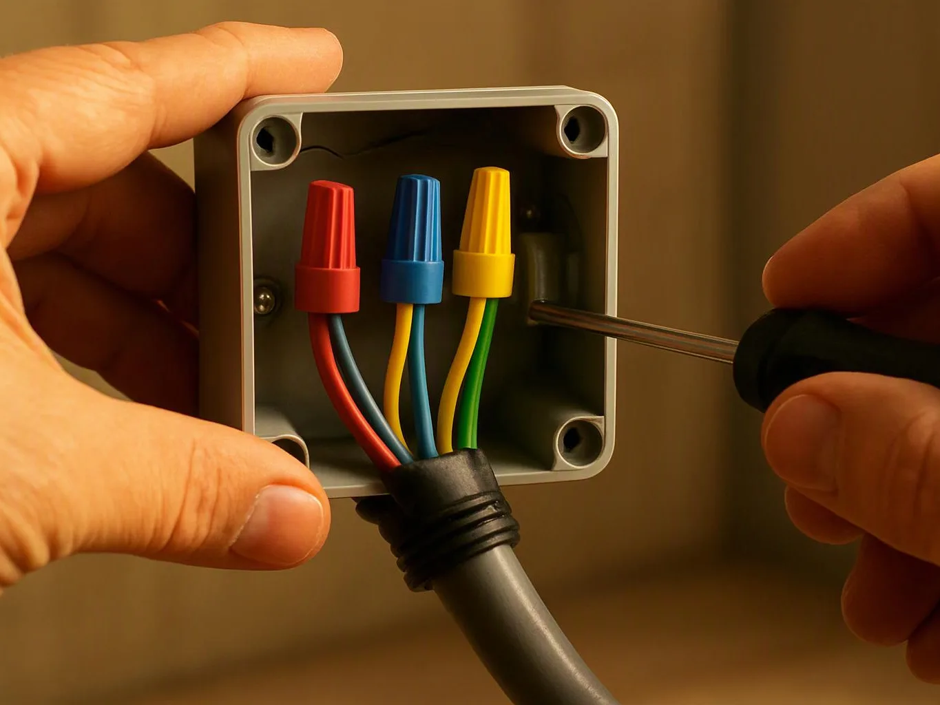 Hands hold a small electrical box while a screwdriver works near three color-coded wire connectors inside