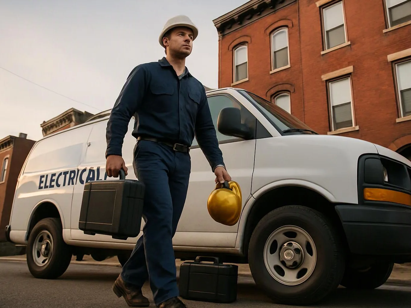 A hard-hat worker walks beside a white electrical van, carrying a toolbox and a gold hard hat on a city street