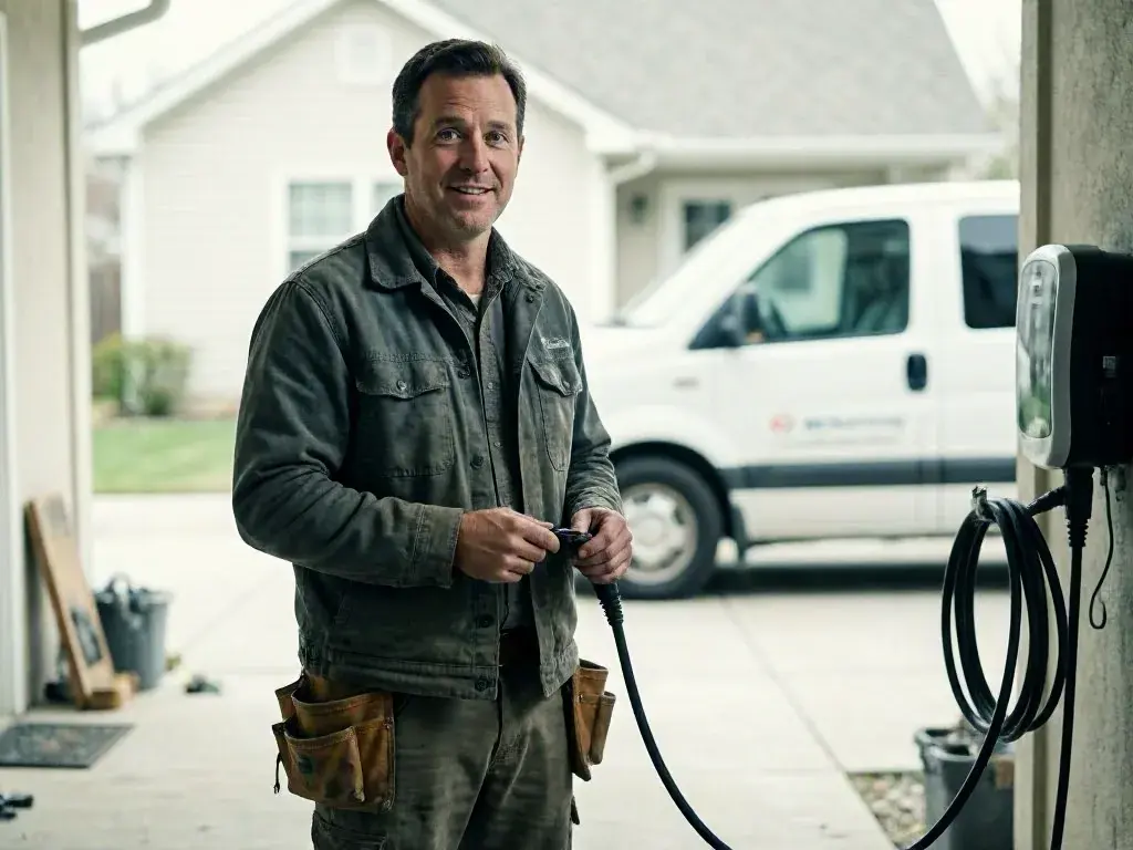 Smiling handyman holds a charging cable inside a garage with a white work van outside