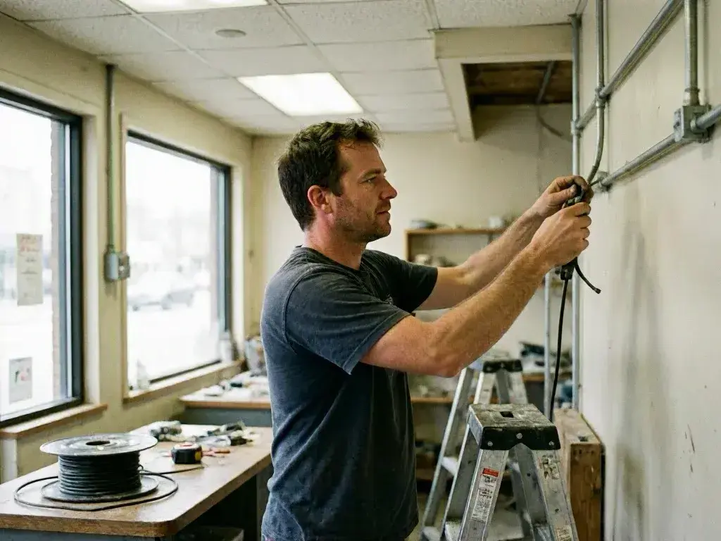 Technician tracing wires in an older basement