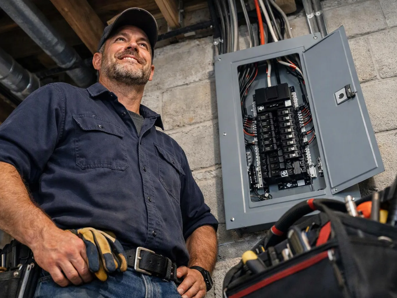 A smiling electrician stands beside an open breaker panel in a concrete utility room