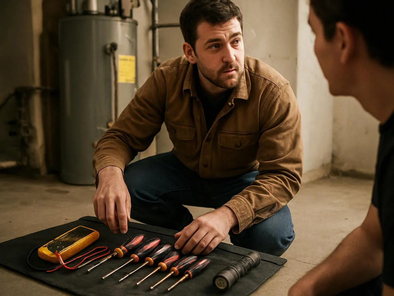 A kneeling man examines tools laid out on a black mat while another man watches nearby in a basement-like room