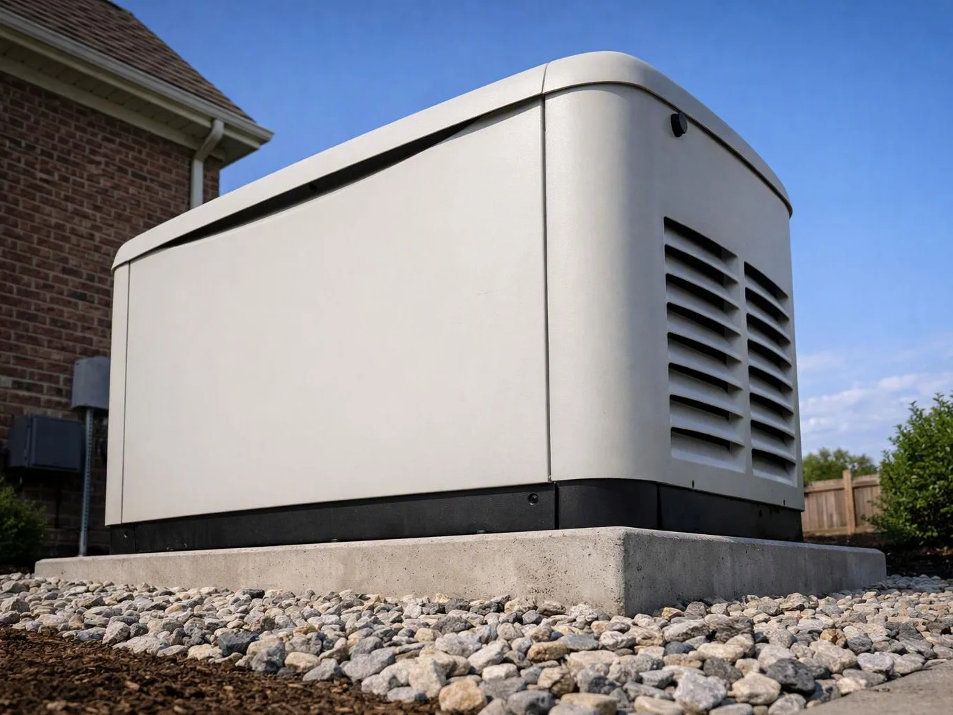 A large white outdoor generator sits on a concrete pad beside a brick house under a clear blue sky