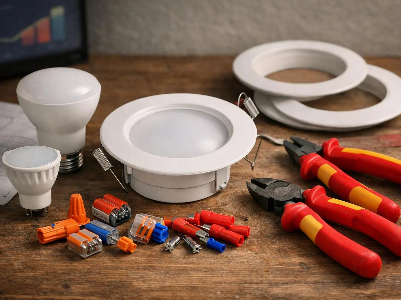 LED downlights, wire connectors, and insulated pliers are spread across a wooden workbench