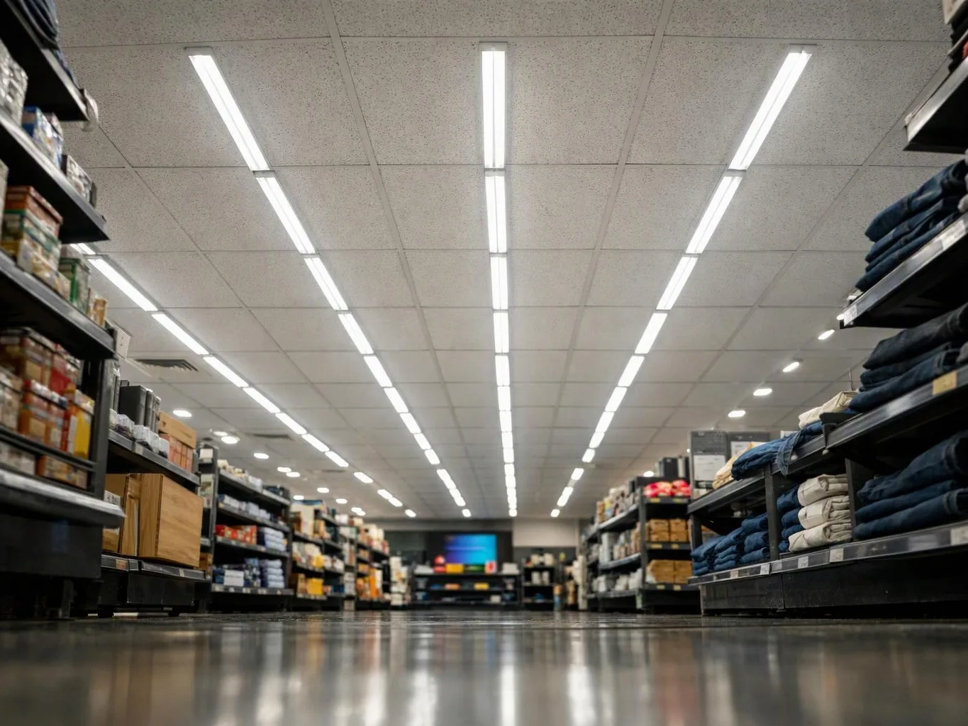 Low-angle view down a bright store aisle with shelves of folded clothes and boxed goods on both sides