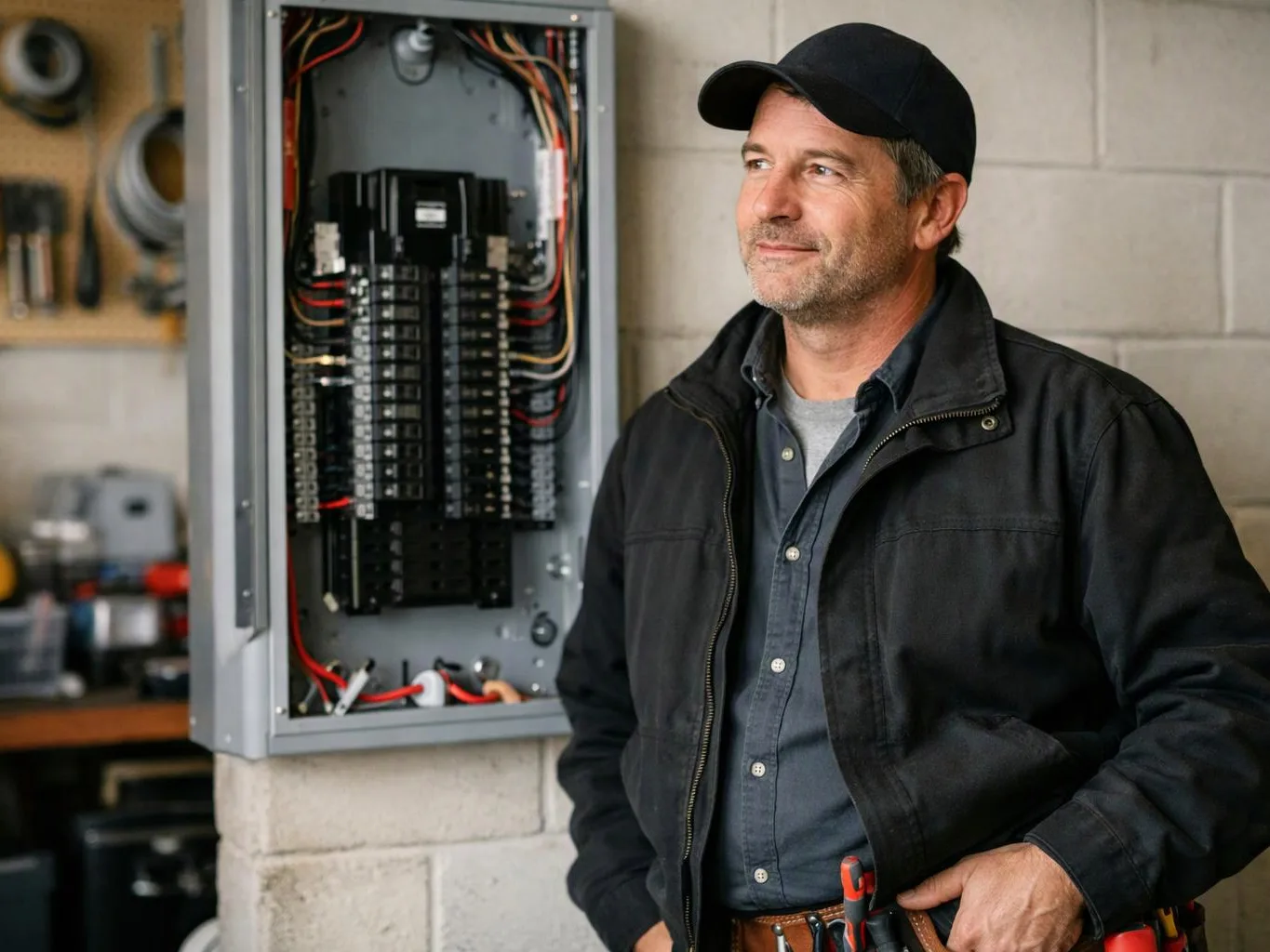 A man in a black cap stands beside an open electrical breaker panel in a workshop-looking room