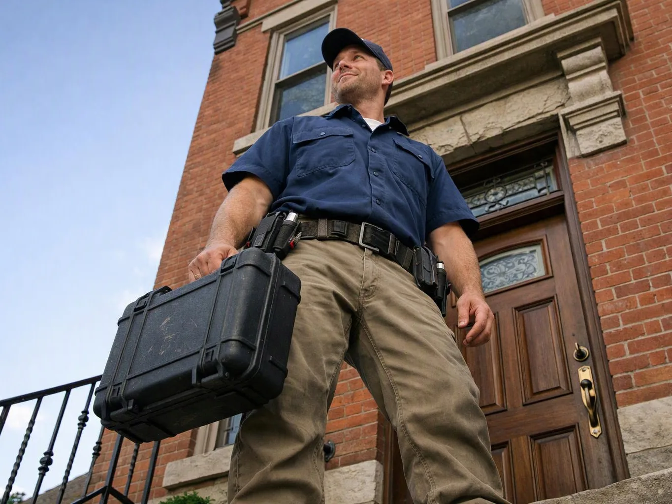 A man in a blue cap and work clothes stands outside a brick building holding a black hard case