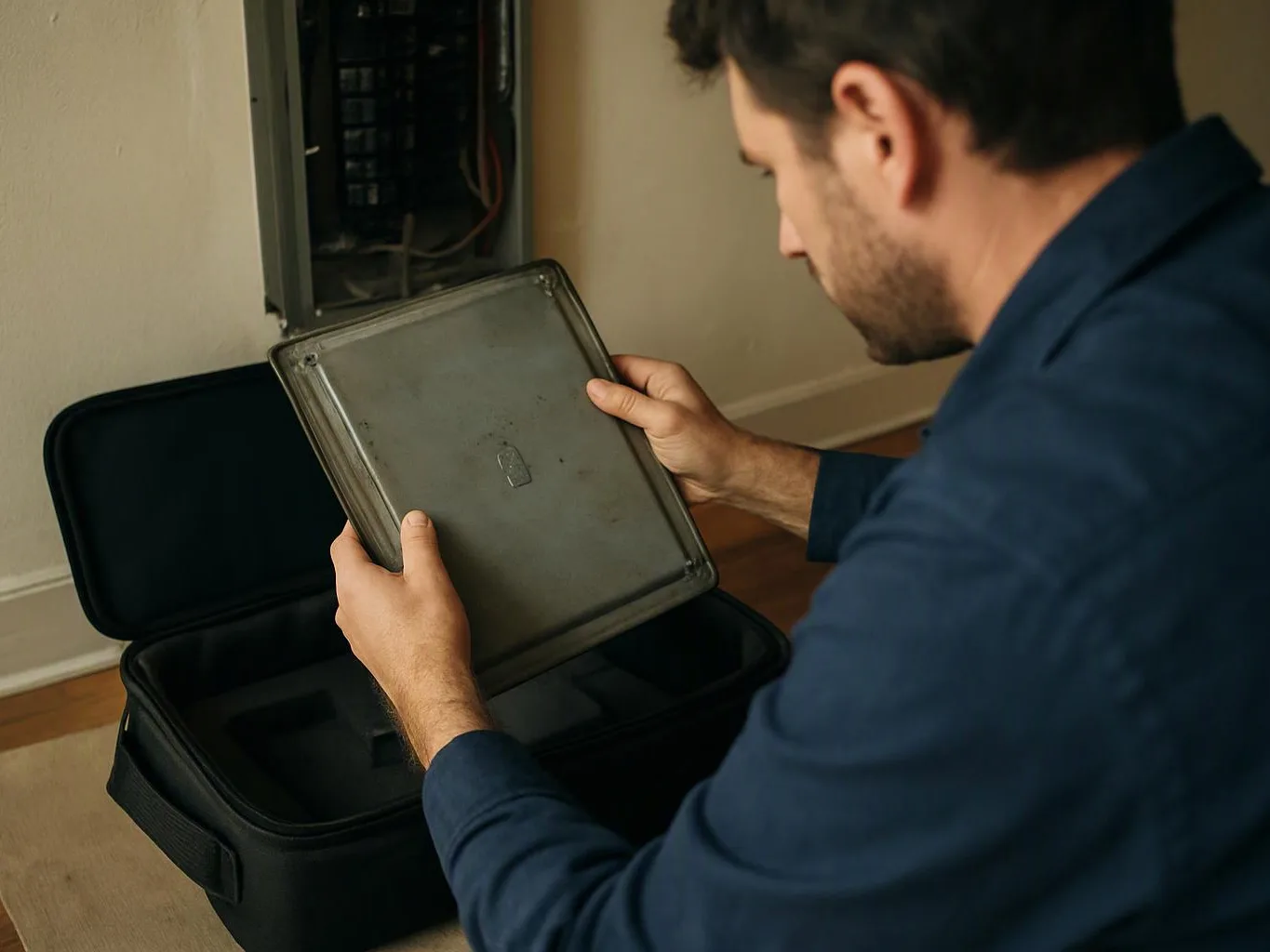 A man in a blue shirt inspects a metal panel over an open black case indoors