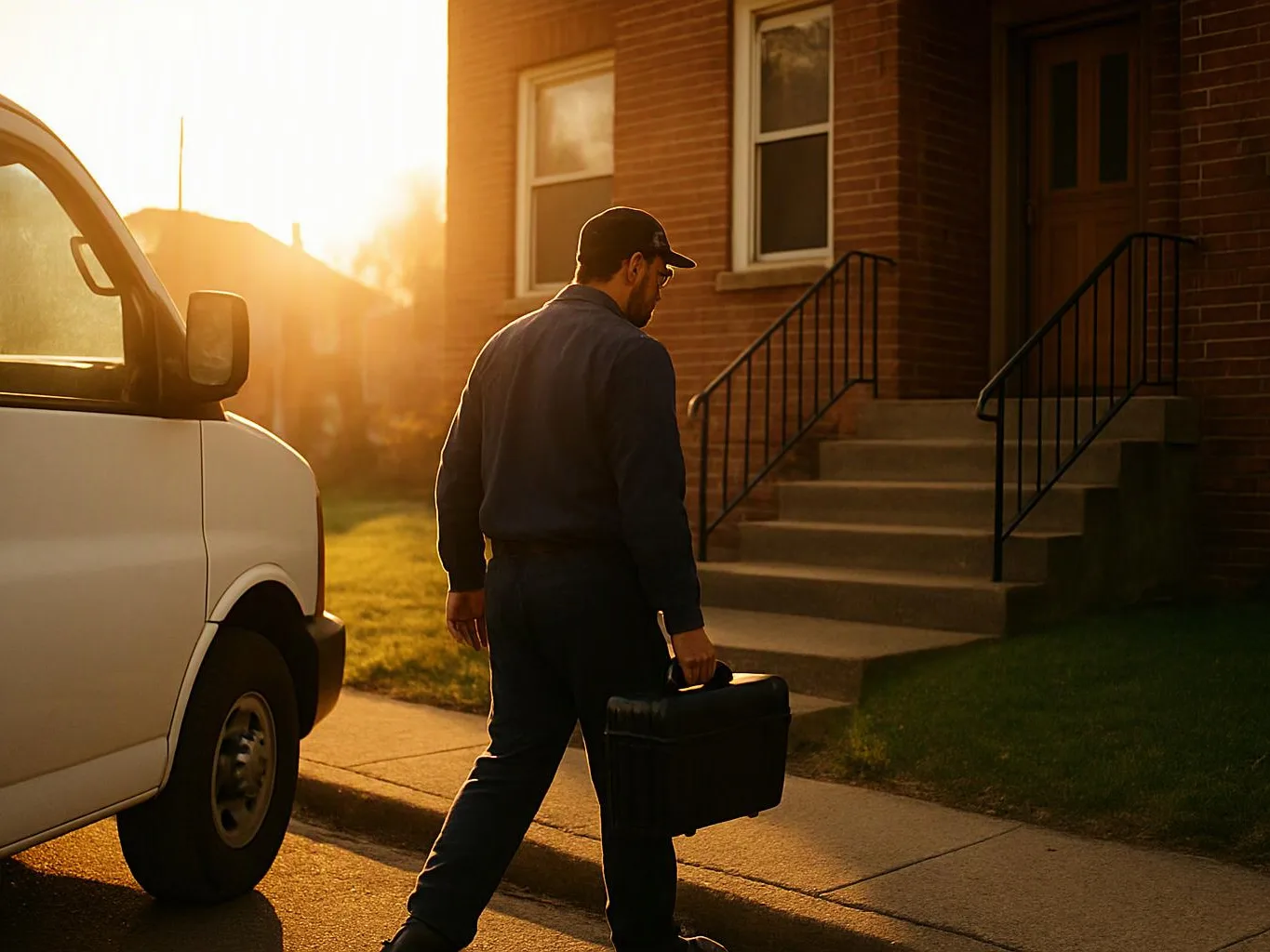 A man in a cap carries a black case beside a white van outside a brick house at sunset