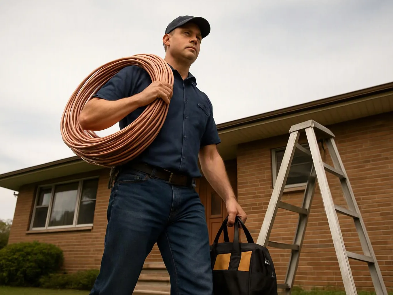 A man in a cap carries a coiled copper tube and a tool bag beside a ladder outside a brick house