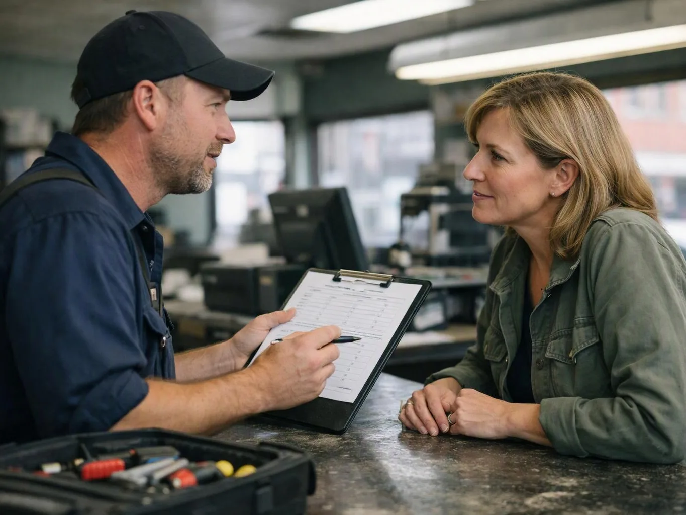 A man in a cap checks a clipboard while speaking with a woman across a counter in a workshop