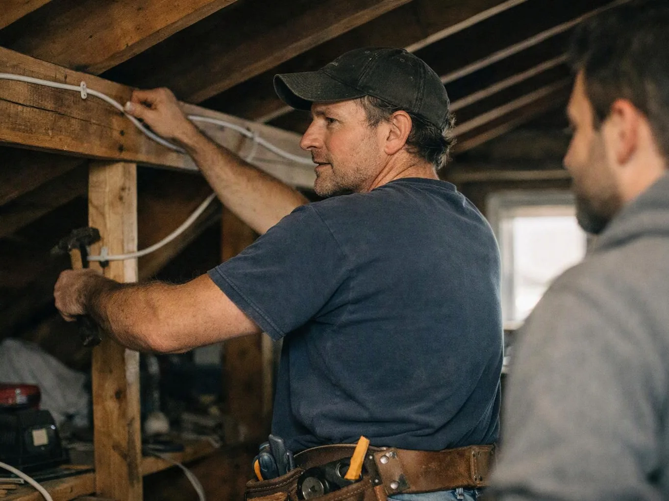 A man in a cap hammers wiring along exposed wooden beams while another person watches nearby