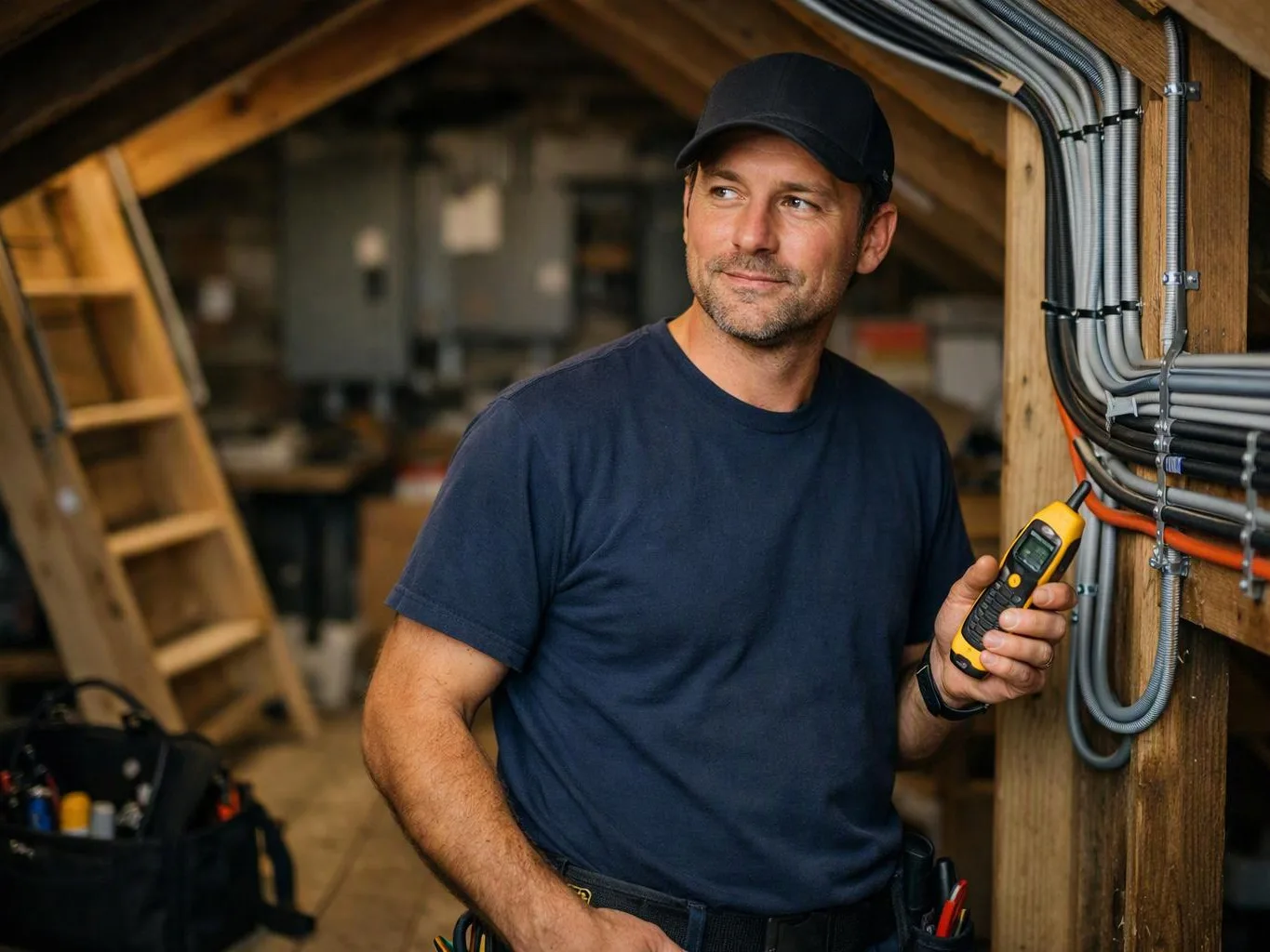 A man in a cap inspects wiring in a wooden attic, holding a yellow handheld tester