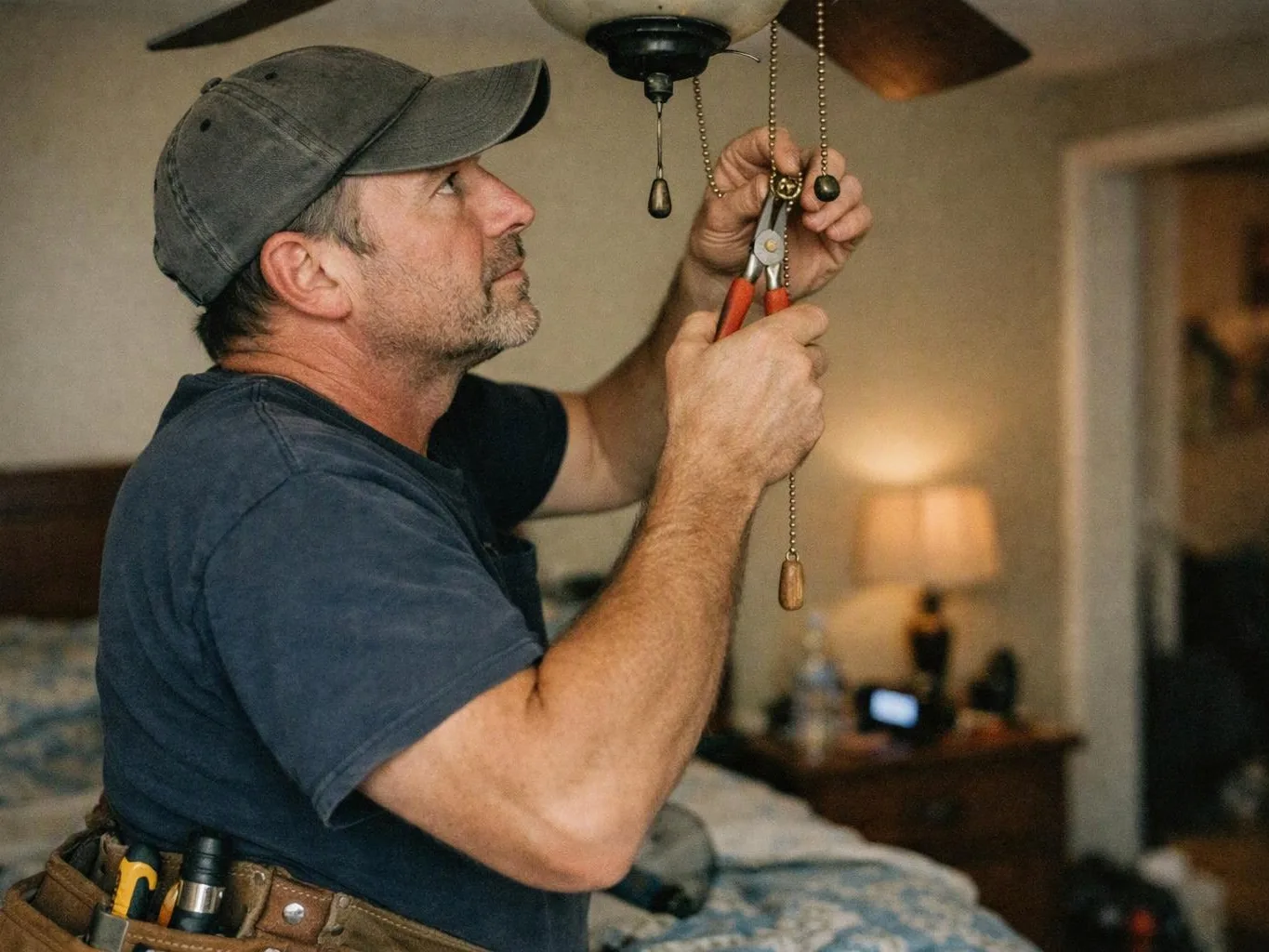 A man in a cap repairs a ceiling fan with pliers inside a dim bedroom