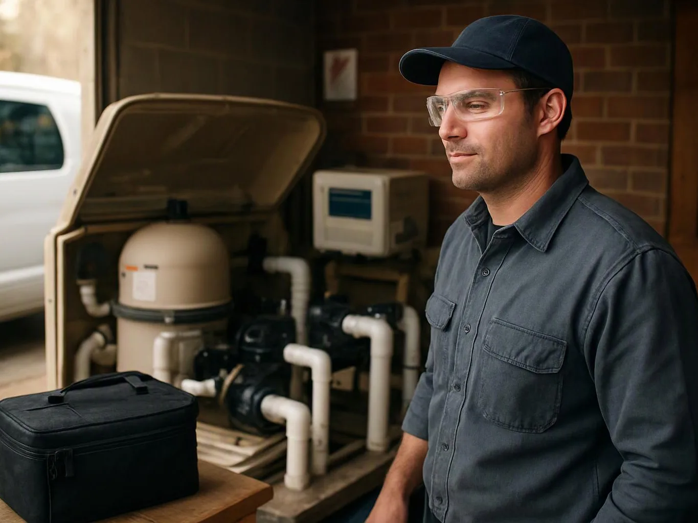 A man in a cap and safety glasses stands beside pool equipment in a garage-like room