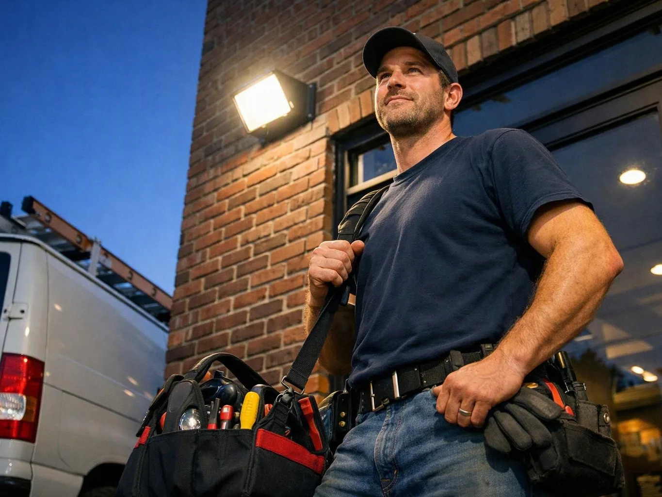 A man in a cap stands outside a brick building at dusk, holding a tool bag and gloves