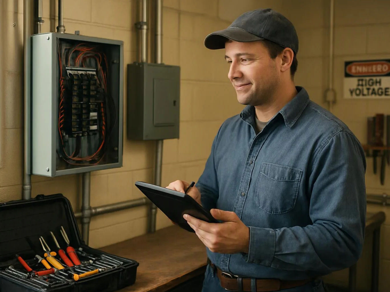 A man in a cap writes on a tablet beside an open electrical panel and tool case