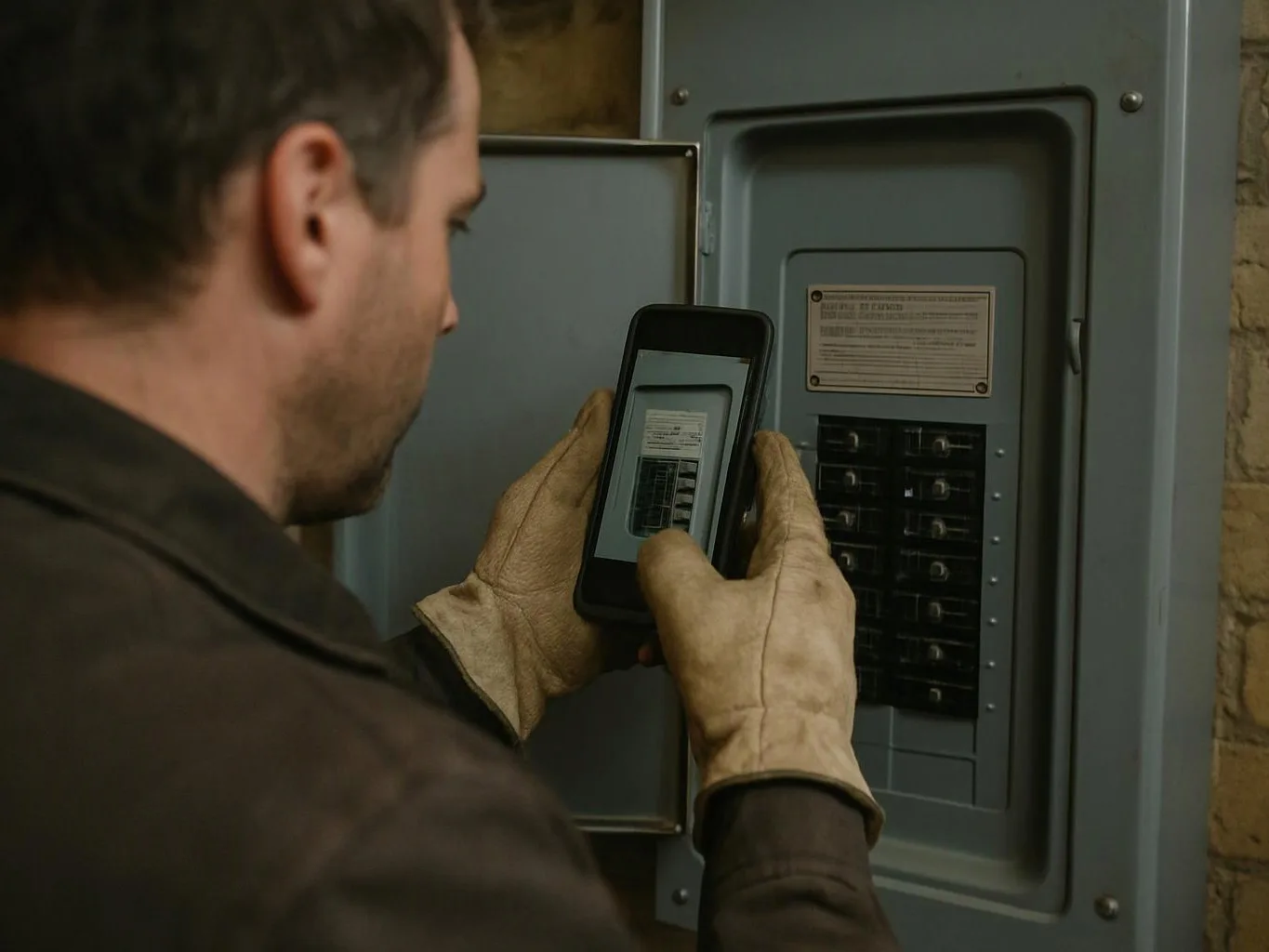 A man in gloves photographs an open electrical breaker panel with his phone