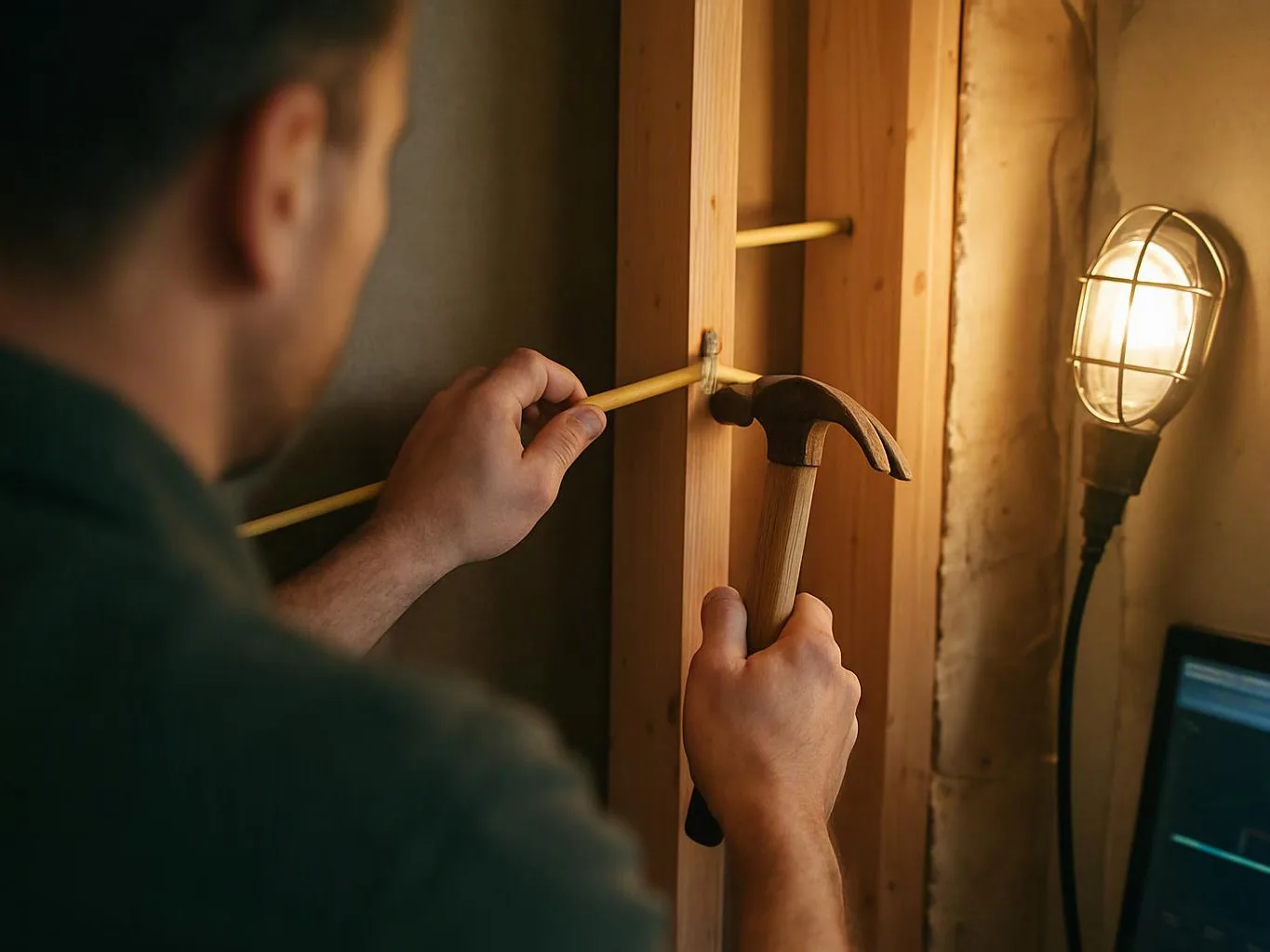 A man holds a hammer and adjusts a wooden frame beside a work light in a dim room