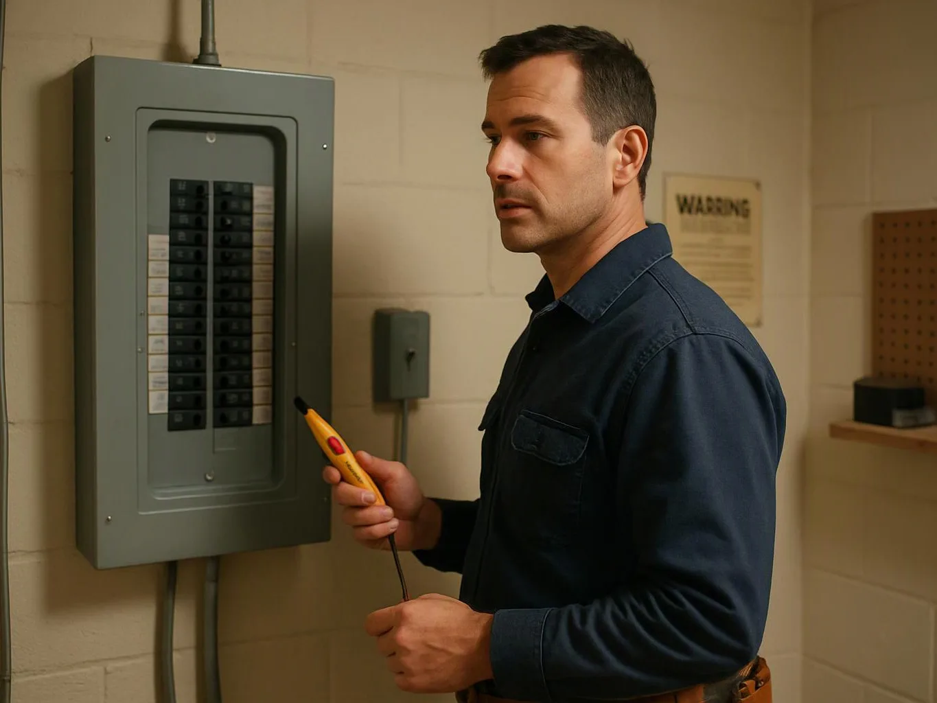 A man inspects an electrical breaker panel with a voltage tester in a utility room