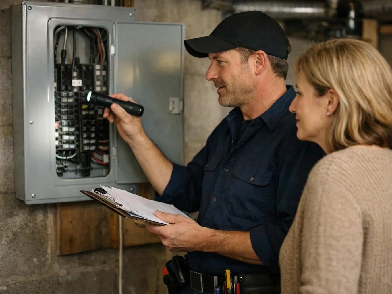A man inspects an open electrical panel with a flashlight while a woman watches beside him