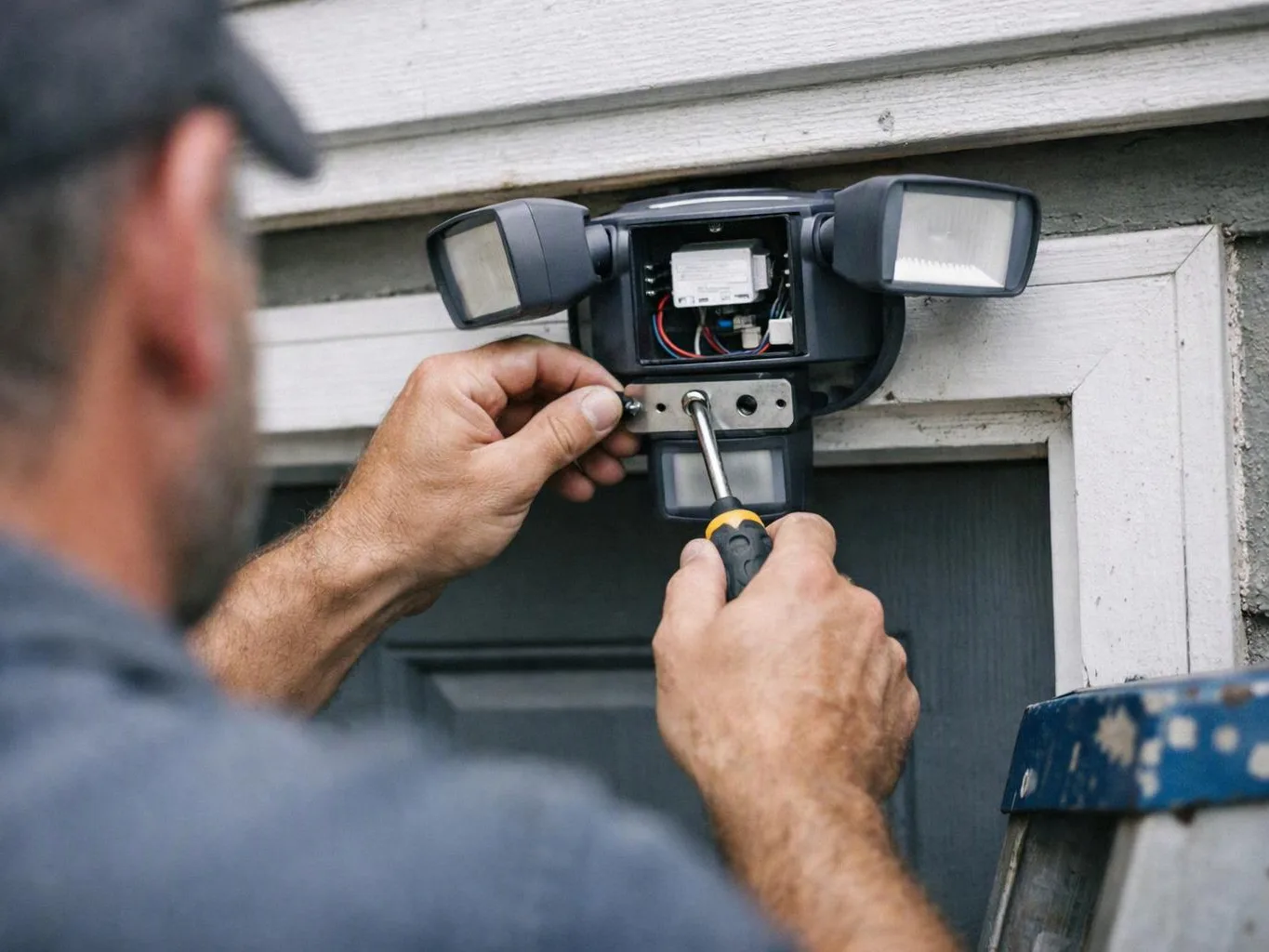A man installs a motion sensor light beside a door using a screwdriver