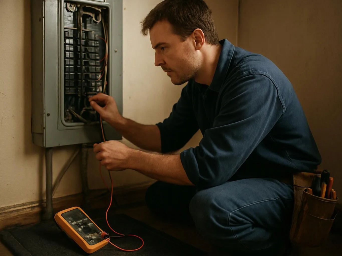 A man kneels beside an open electrical panel, testing wires with a meter in a dim room
