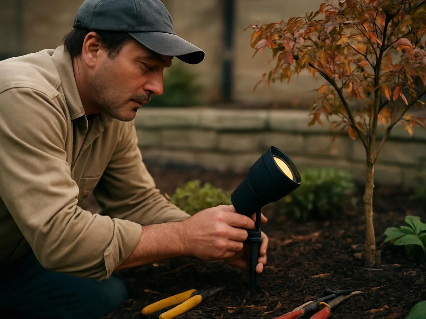 A man kneels in a garden, adjusting a black spotlight beside a small tree and tools