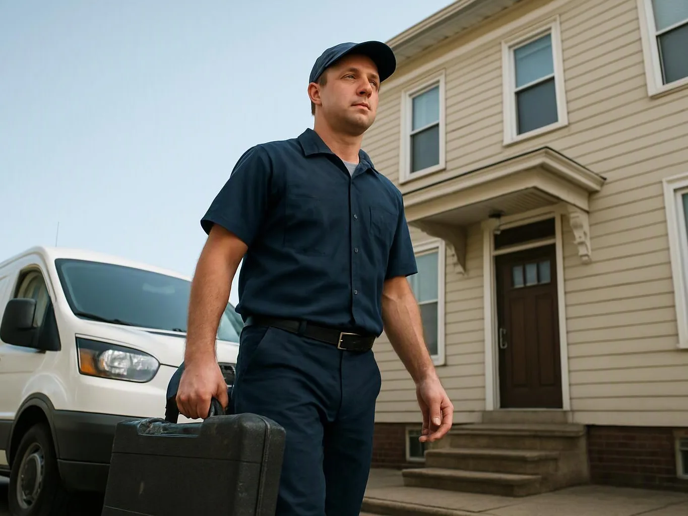 A man in a navy uniform carries a black case beside a white van outside a beige house