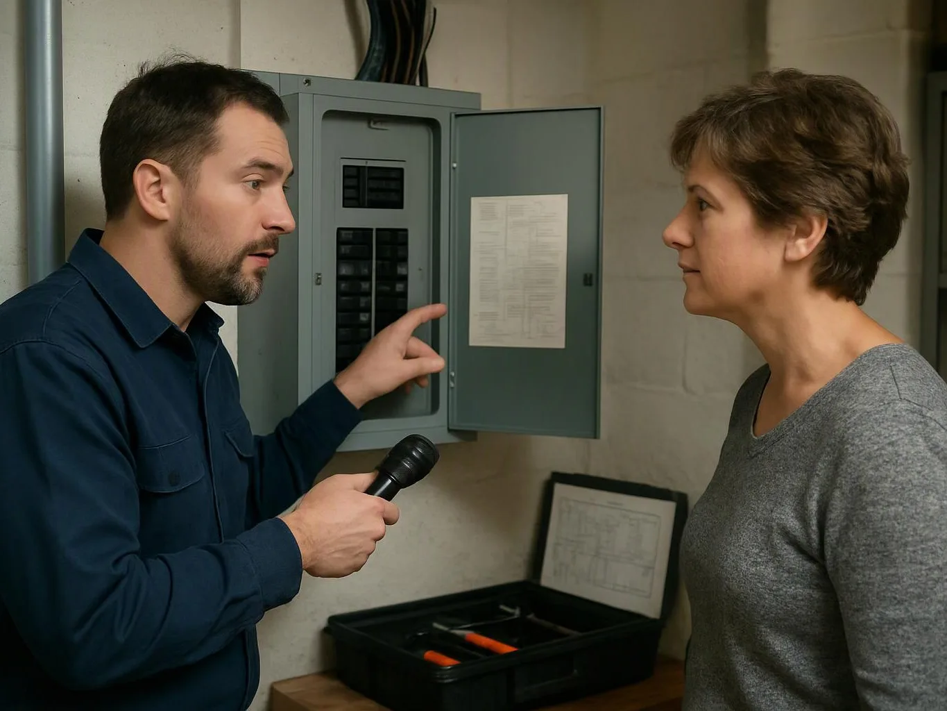 A man points at an open electrical panel while speaking to a woman holding a flashlight in a utility room