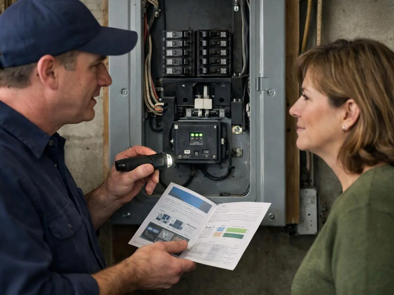 A man shines a flashlight into an open electrical panel while showing a booklet to a woman indoors