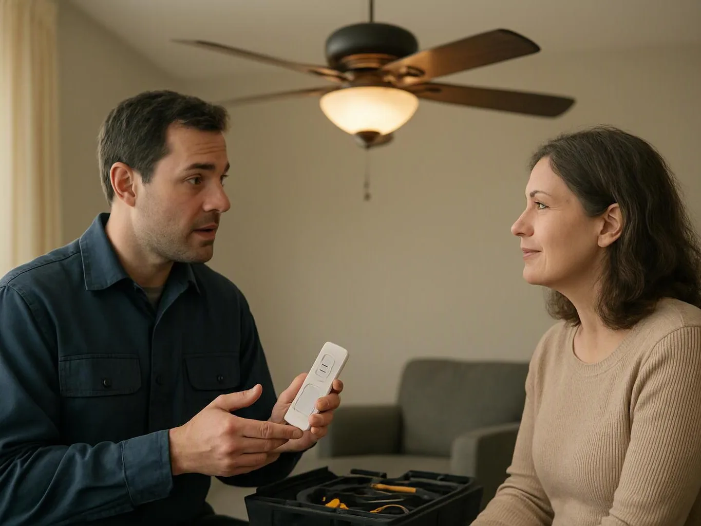A man shows a small remote to a woman while they sit in a living room under a ceiling fan
