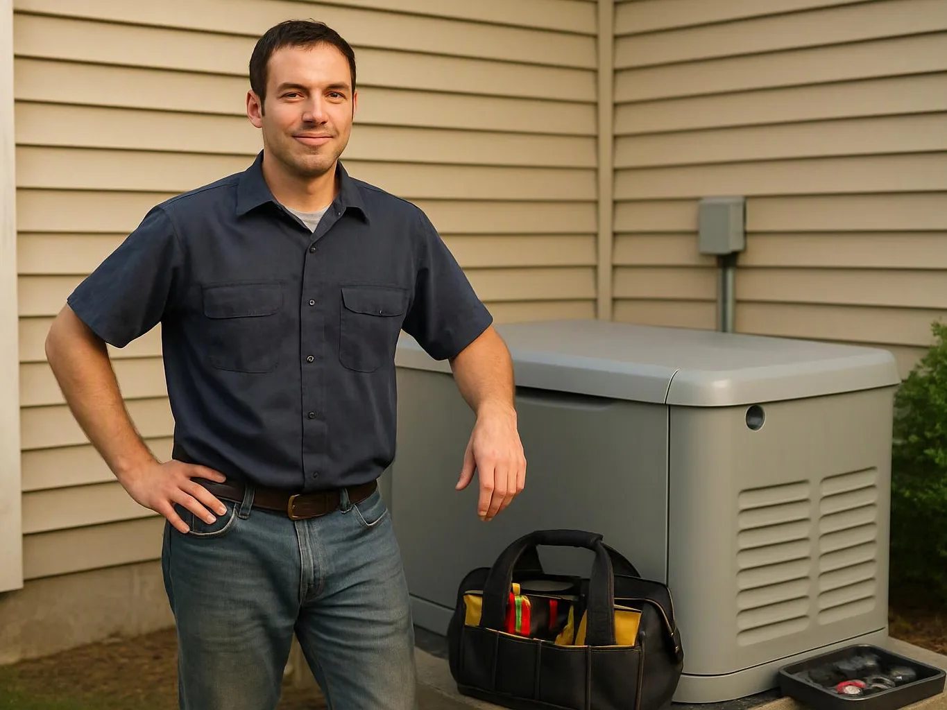 A man stands beside a gray generator, with a tool bag and open tray on the ground outdoors